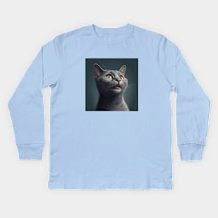 Illustration of handsome grey haired cat looking to the side Kids Long Sleeve T-Shirt